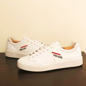Prada Leather Sneakers in White with Logo Bands